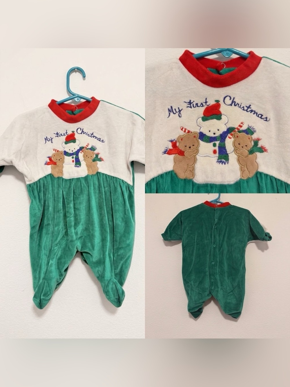 VTG Little Me "My First Christmas" Velour One Piece Sleeper Teddy Bear 3 Months
